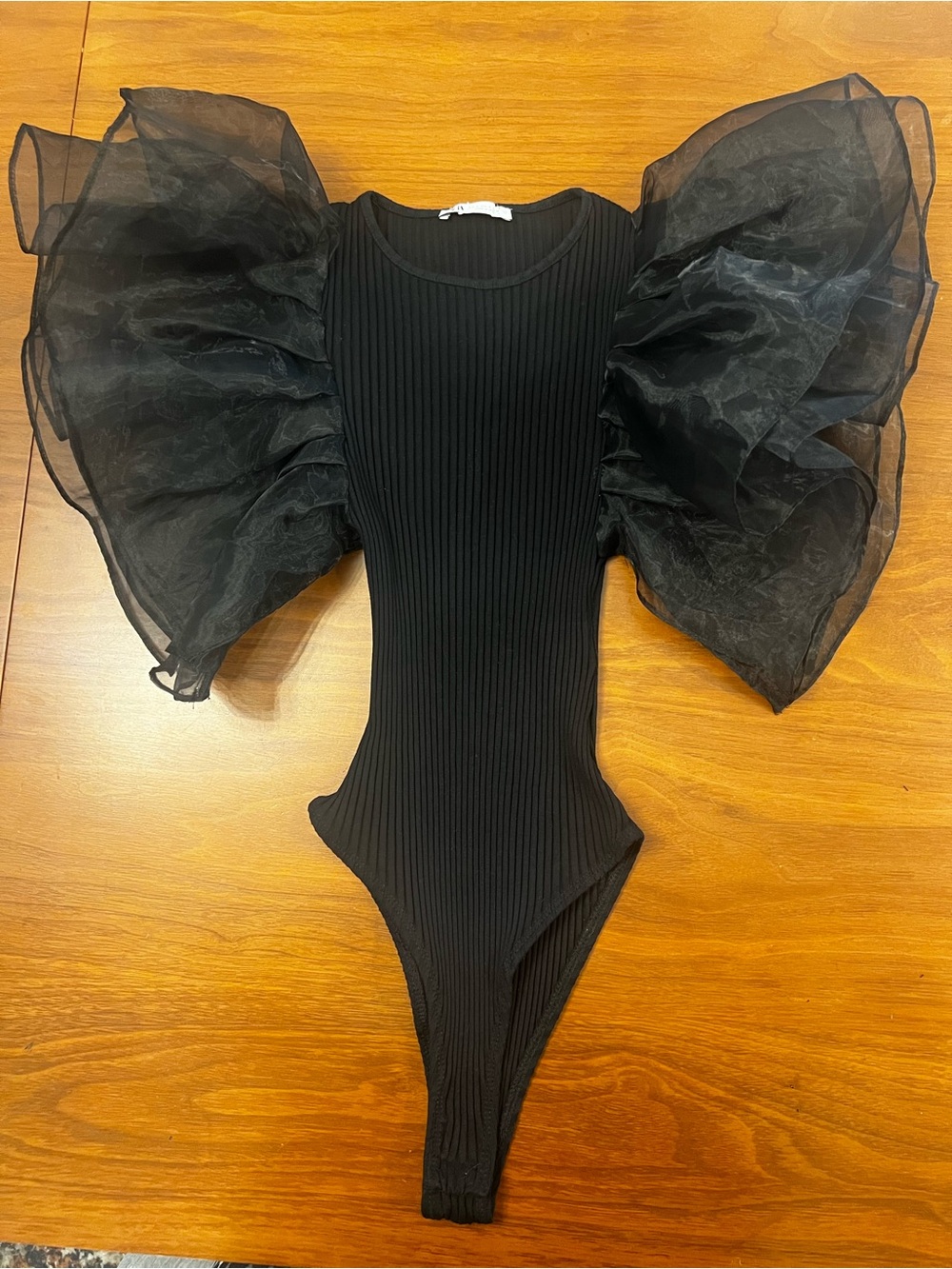 Zara Black Ribbed Bodysuit with Dramatic Organza Ruffle Sleeves - Size S